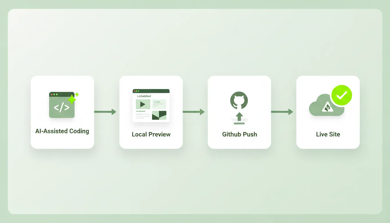 Diagrama del flujo de despliegue de Astro: editor con IA, previsualización local, push a GitHub y deploy automático en Netlify