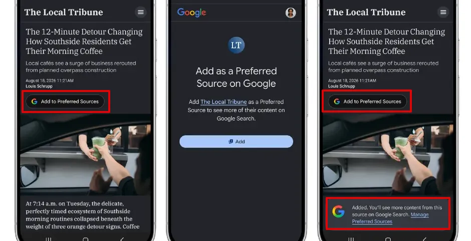 Flujo de usuario con el botón Preferred Sources de Google en móviles
