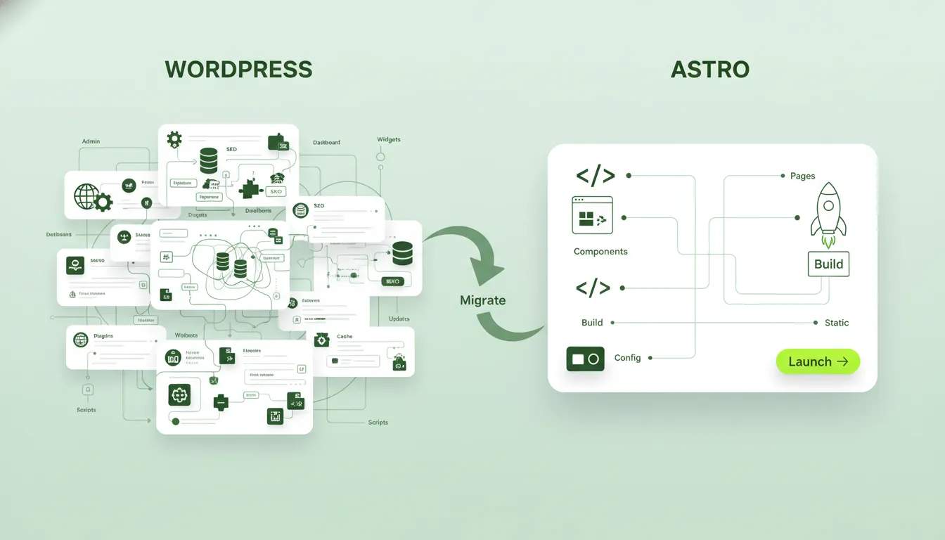 Comparativa visual entre WordPress y Astro Framework mostrando la migración de un CMS tradicional a un framework moderno