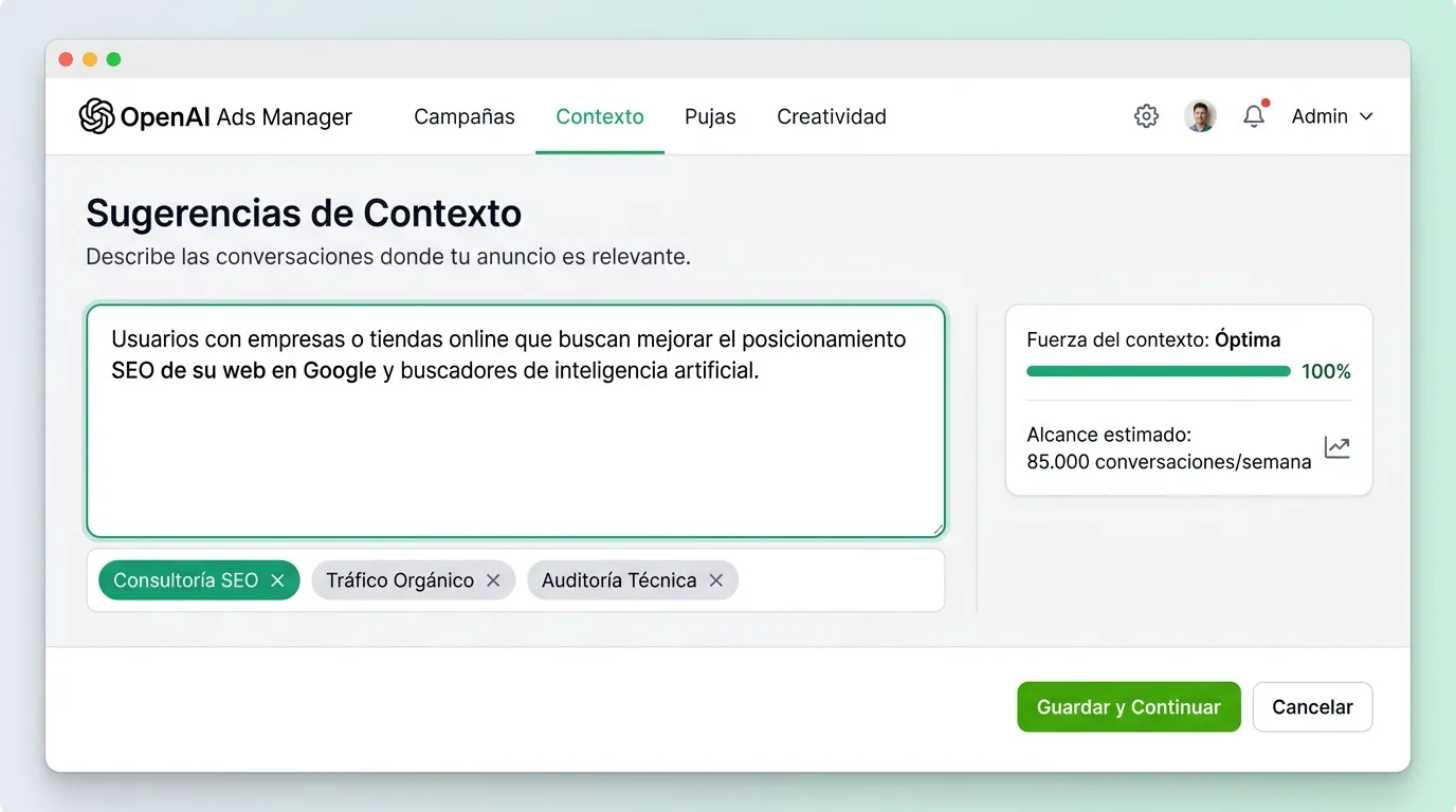 Interfaz de configuración de sugerencias de contexto en ChatGPT Ads frente al modelo tradicional